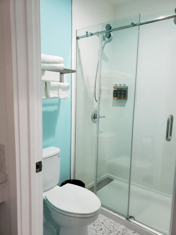 Standard room bathroom with a glass-enclosed shower, turquoise wall and toilet